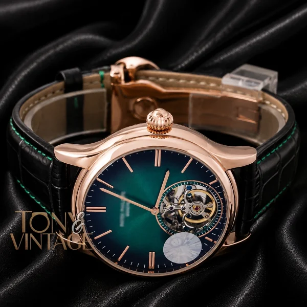 Tourbillon Rose Gold Watch with Green Dial and Black Leather Strap