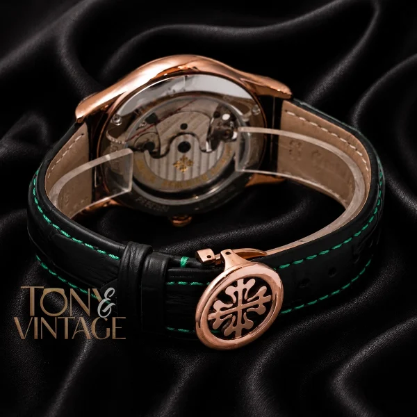 Tourbillon Rose Gold Watch with Green Dial and Black Leather Strap
