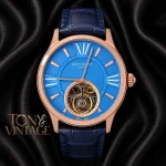 Tourbillon Rose Gold Watch with Sky Blue Dial and Leather Strap