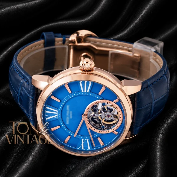 Tourbillon Rose Gold Watch with Sky Blue Dial and Leather Strap
