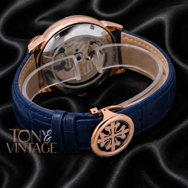 Tourbillon Rose Gold Watch with Sky Blue Dial and Leather Strap