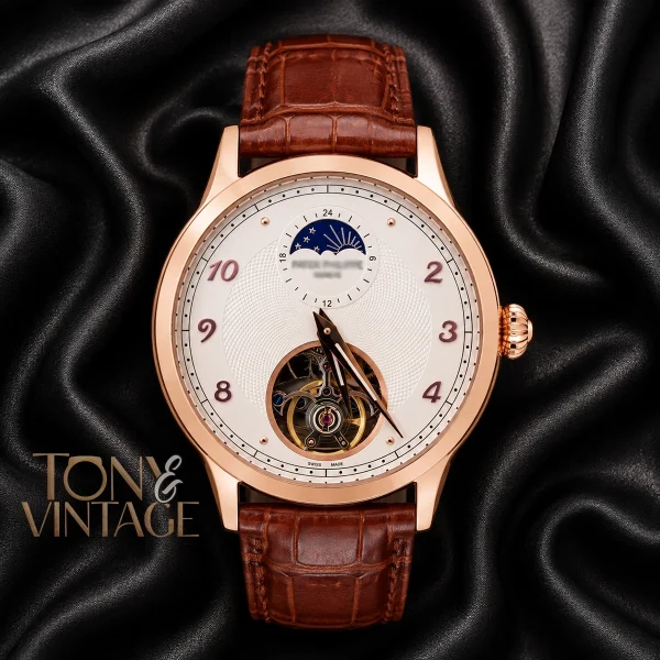 Tourbillon Rose Gold Watch with White Dial and Leather Strap 1 copy