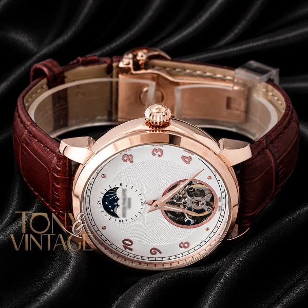 Tourbillon Rose Gold Watch with White Dial and Leather Strap