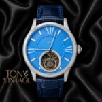 Tourbillon Silver Case With Sky Blue Dial & Leather Strap