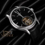 Tourbillon Silver Watch with Black Dial and Leather Strap