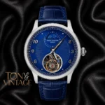 Tourbillon Silver Watch with Blue Dial and Leather Strap