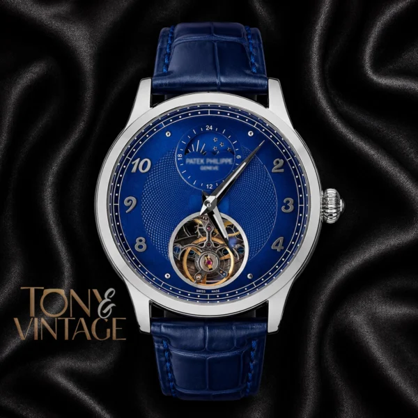Tourbillon Silver Watch with Blue Dial and Leather Strap 1 copy