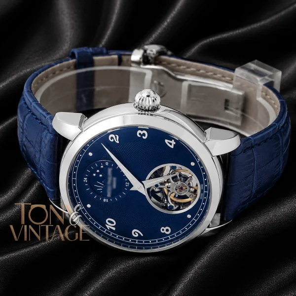 Tourbillon Silver Watch with Blue Dial and Leather Strap