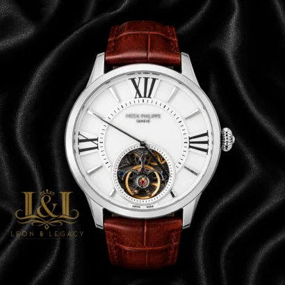Tourbillon Silver Watch with White Dial and Leather Strap