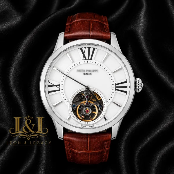 Tourbillon Silver Watch with White Dial and Leather Strap 1 copy