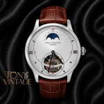 Tourbillon Silver Watch with White Dial and Leather Strap