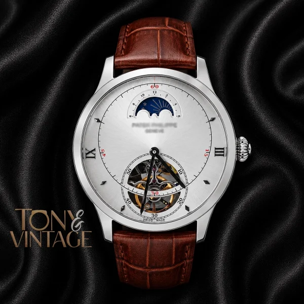Tourbillon Silver Watch with White Dial and Leather Strap 1. copy
