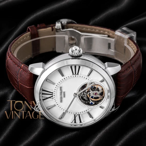 Tourbillon Silver Watch with White Dial and Leather Strap