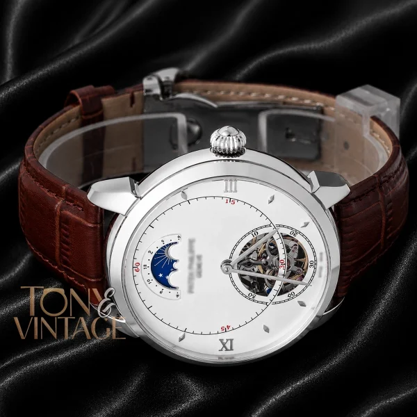 Tourbillon Silver Watch with White Dial and Leather Strap