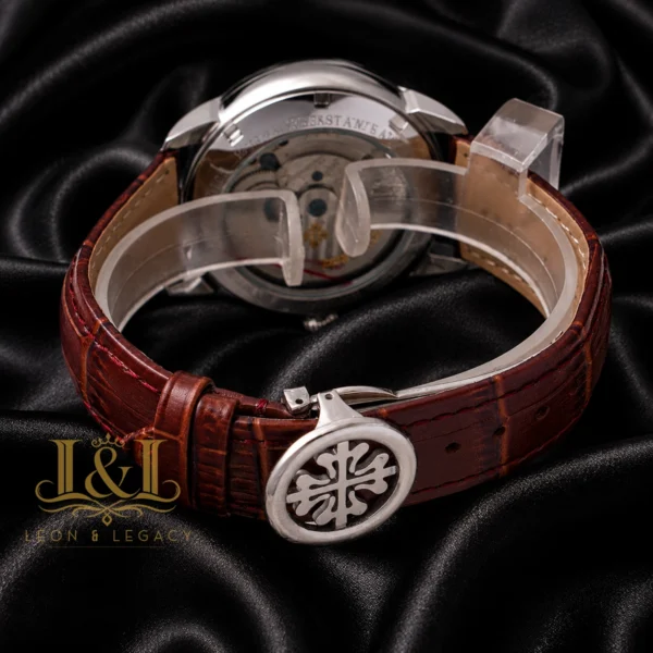 Tourbillon Silver Watch with White Dial and Leather Strap