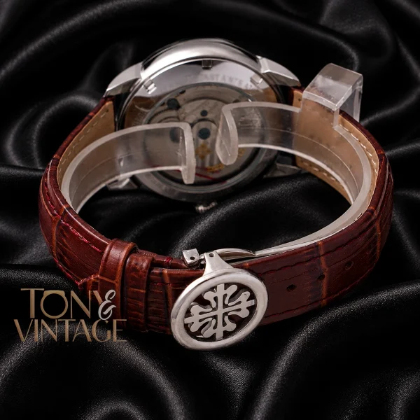 Tourbillon Silver Watch with White Dial and Leather Strap