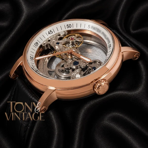 Transparent Skeleton Dial Rose Gold Case Black Leather Strap for Men