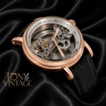 Transparent Skeleton Dial Rose Gold Case Black Leather Strap for Men