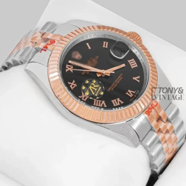 Two Tone Rose Gold Black Dial Roman Figure