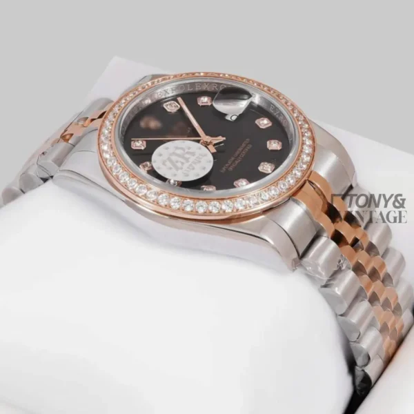 Two Tone Rose Gold Black Dial Stone Bezel & Figure Automatic Watch