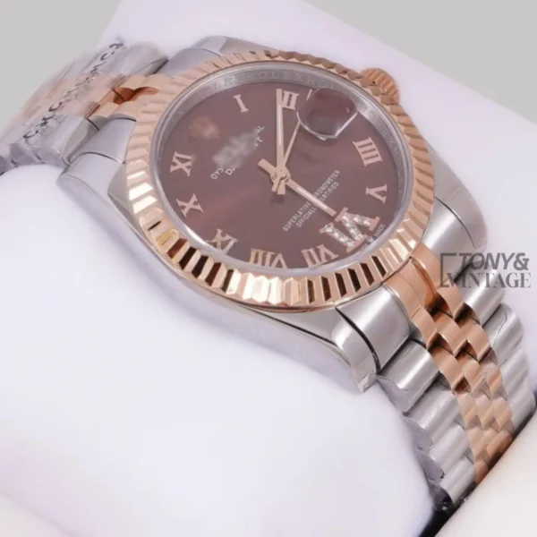 Two Tone Rose Gold Brown Dial Roman Numeral