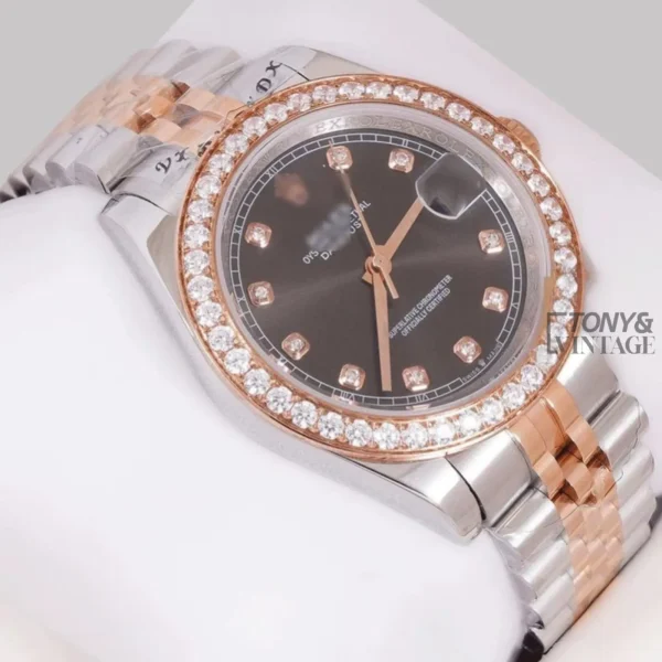 Two Tone Rose Gold Charcoal Dial Stone Bezel Automatic Watch