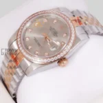 Two Tone Rose Gold Gray Dial Stone Bezel Automatic Watch