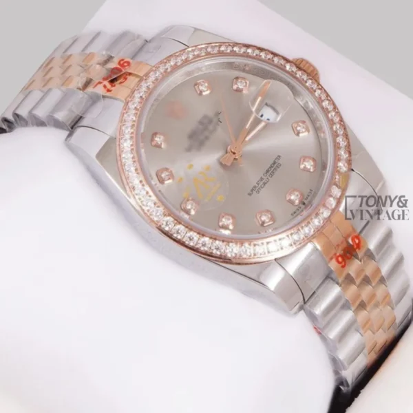 Two Tone Rose Gold Gray Dial Stone Bezel Automatic Watch