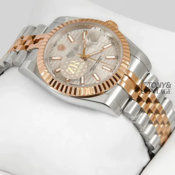 Two Tone Rose Gold Grey Dial Fluted Bezel Automatic Watch