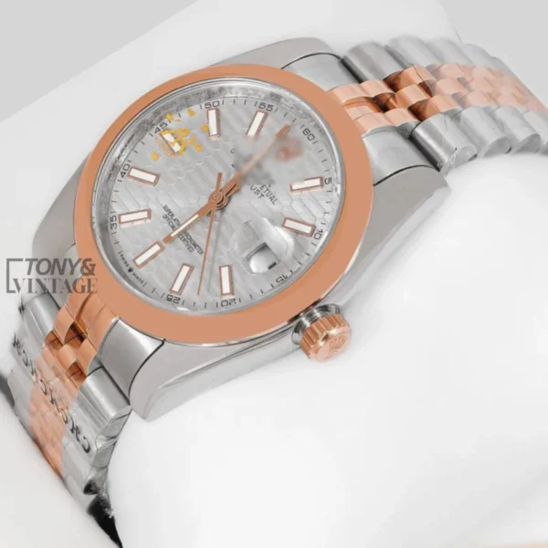 Two Tone Rose Gold Grey Dial Smooth Bezel Automatic Watch