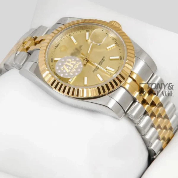 Two-Tone Yellow Gold Automatic Watch with Fluted Bezel and Matching Dial