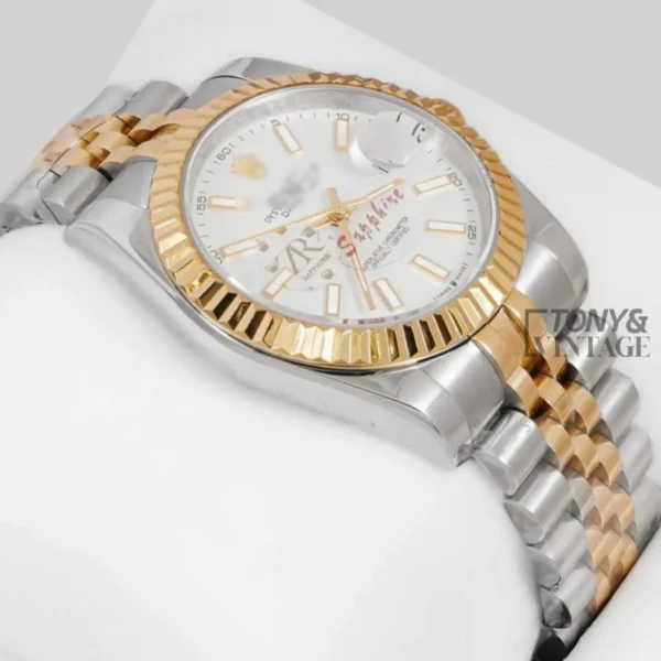 Two-Tone Yellow Gold Automatic Watch with White Dial and Fluted Bezel