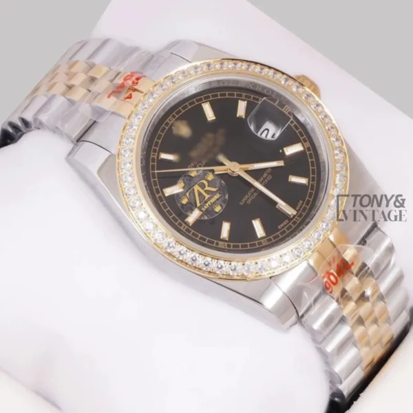 Two Tone Yellow Gold Black Dial Stone Bezel Automatic Watch