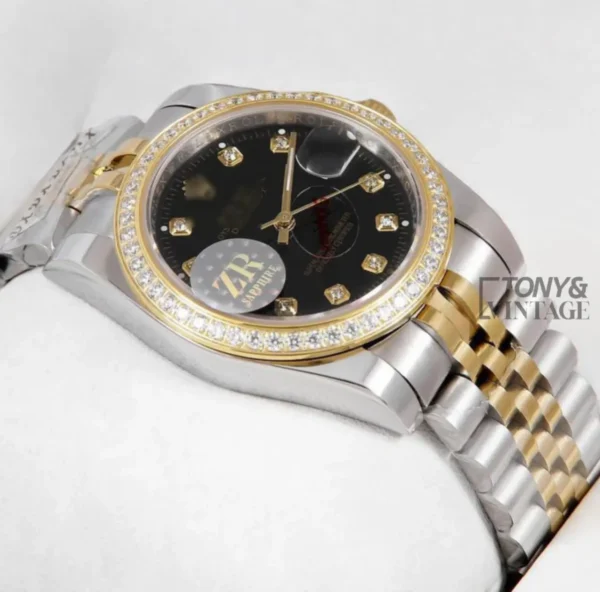 Two Tone Yellow Gold Black Dial Stone Bezel & Numeral Automatic Watch