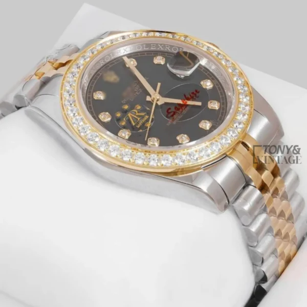 Two Tone Yellow Gold Black Dial Stone Bezel