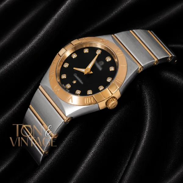 Two Tone Yellow Gold With Black Dial & Stone Figure Ladies Watch