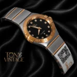 Two Tone Yellow Gold With Black Dial & Stone Figure Ladies Watch