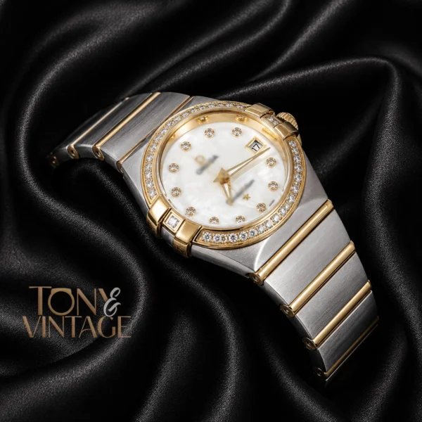 Two Tone Yellow Gold With White Dial Stone Bezel & Figure Ladies Watch 1 copy