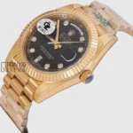 Yellow Gold Automatic Watch with Black Dial and Fluted Bezel