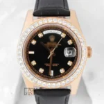 Yellow Gold Automatic Watch with Black Dial and Leather Strap