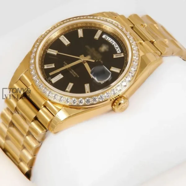 Yellow Gold Black Dial Stone Bezel Automatic Watch