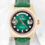 Yellow Gold Case Automatic Watch with Green Dial and Leather Strap