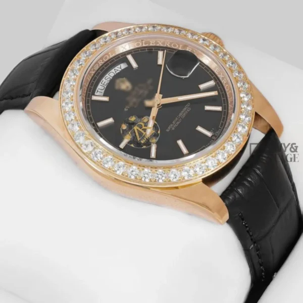 Yellow Gold Case Black Dial & Leather Strap Automatic Watch