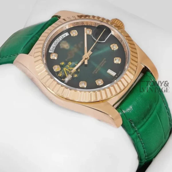 Yellow Gold Case Green Dial & Leather Strap Automatic Watch