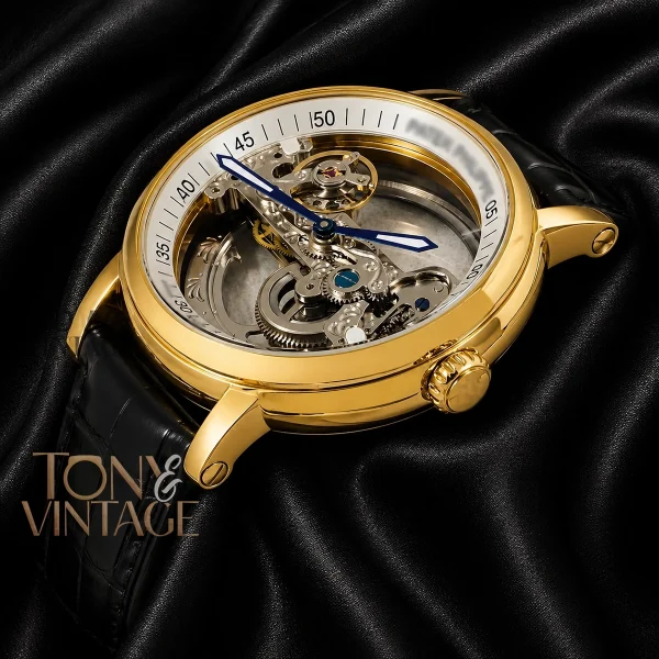 Yellow Gold Case Skeleton Dial Black Leather Strap for Men
