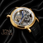 Yellow Gold Case Skeleton Dial Black Leather Strap for Men