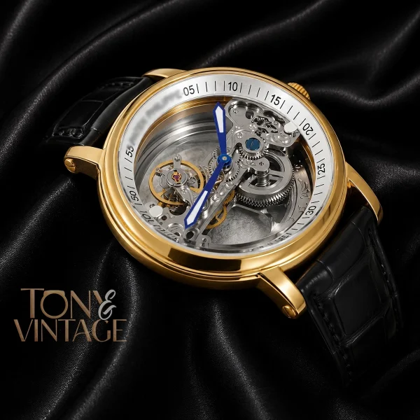 Yellow Gold Case Skeleton Dial Black Leather Strap for Men 2 copy