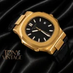 Yellow Gold Watch with Black Dial and Leather Strap