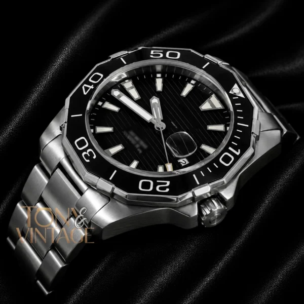 All Silver Automatic Watch with Black Dial and Bezel