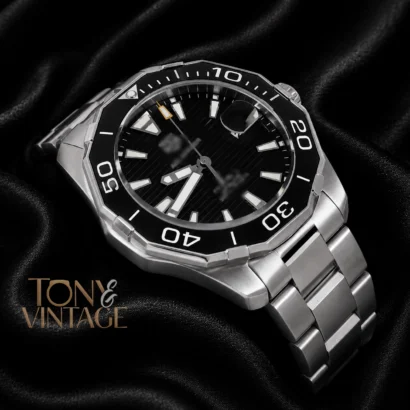 All Silver Automatic Watch with Black Dial and Bezel